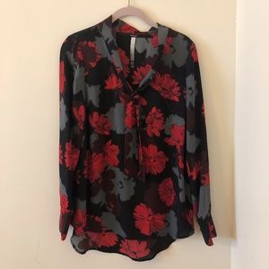 Red & Grey Floral Pussy-Bow Blouse